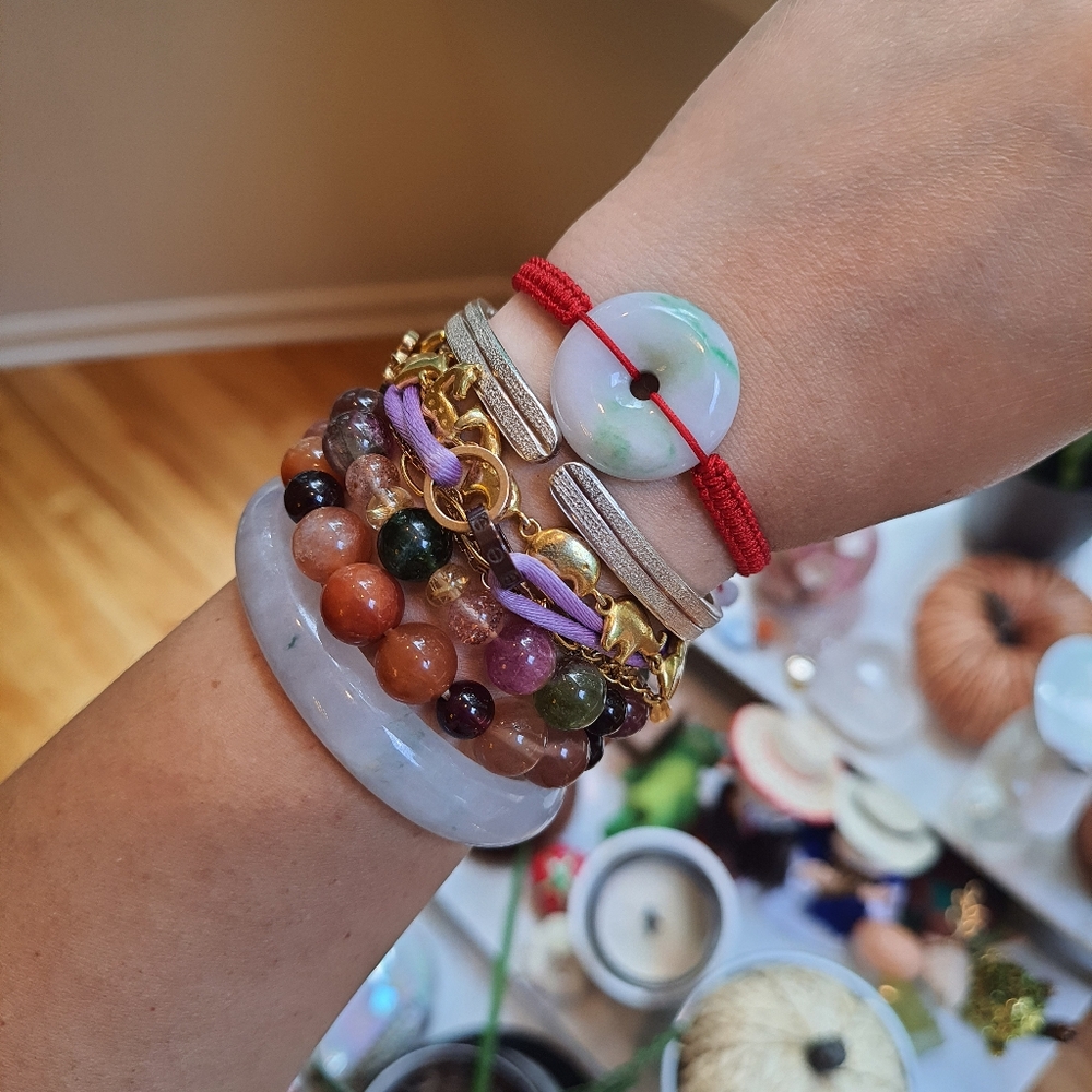 Natural Burmese Jadeite Donut Charm Red String Bracelet - Picture 5 of 8